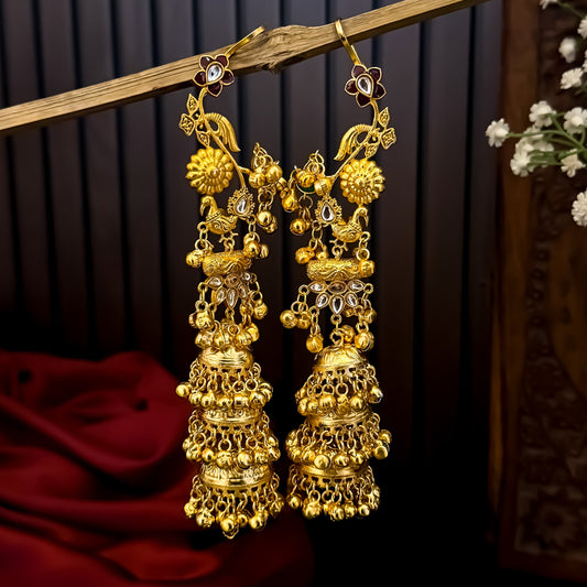 Neelkanchi Peacock Kashmiri Brass Jhumka with Earcuff Golden - Perfect Haldi Jewellery by The Shopping Tree