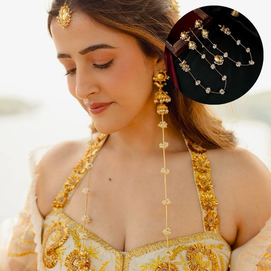 Nupur Sanon Inspired Kashmiri Brass Jhumka Earrings with Earchains and Teeka Set in Golden - Celebrity Inspired Jewellery by The Shopping Tree