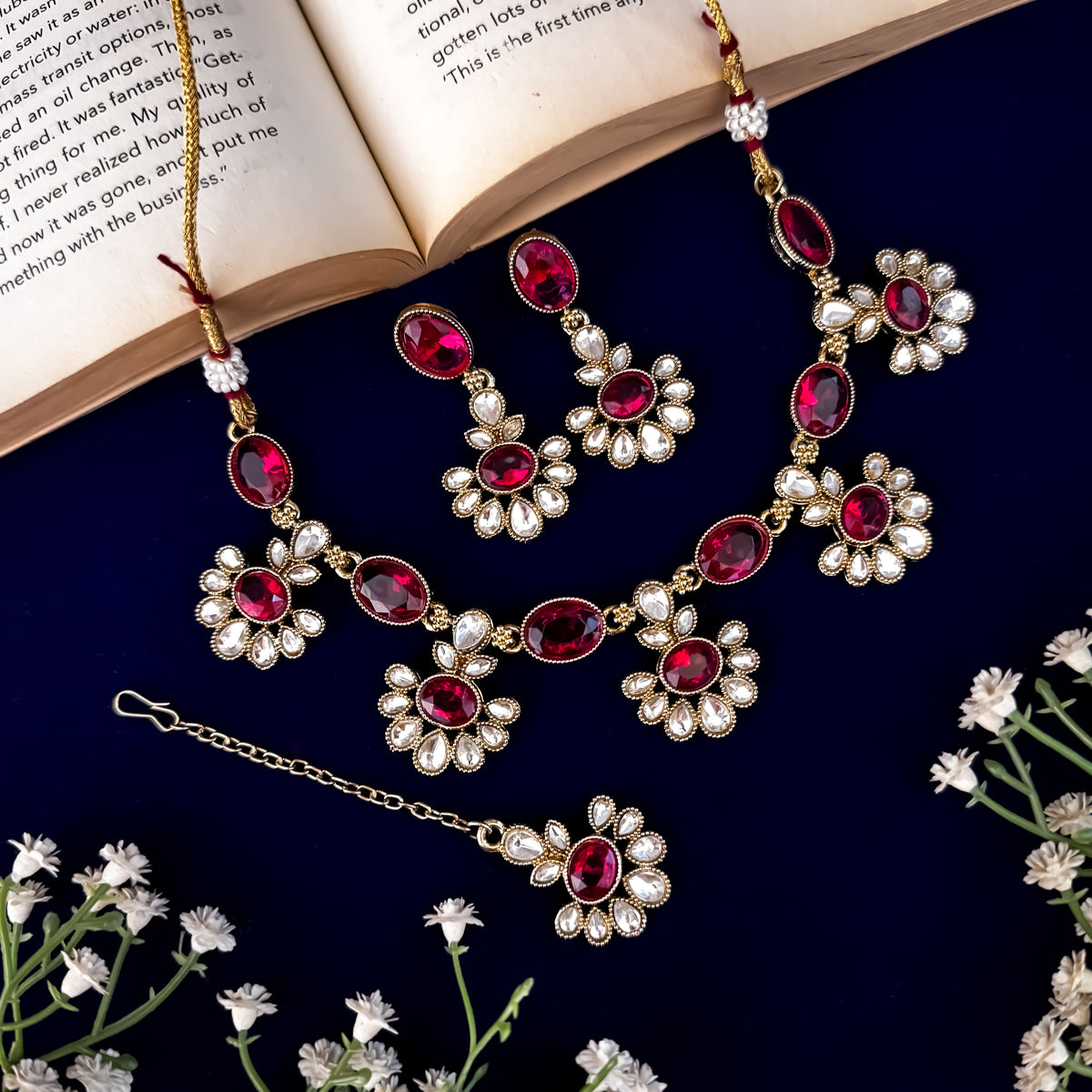 Magenta Pink Raisha Floral Kundan Necklace Set