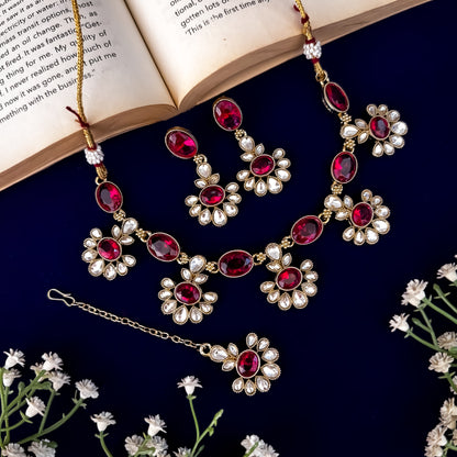 Magenta Pink Raisha Floral Kundan Necklace Set