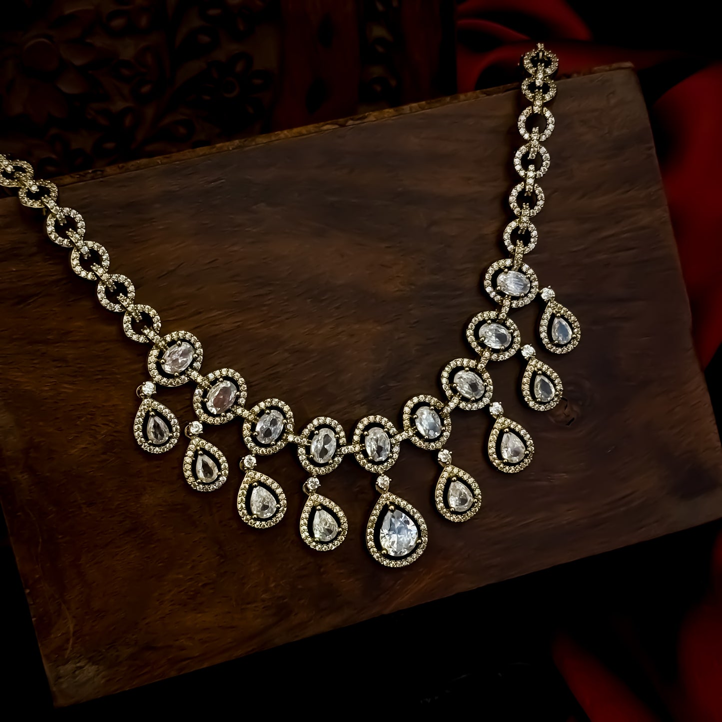 Yamina American Diamond Drop Necklace Set- Golden