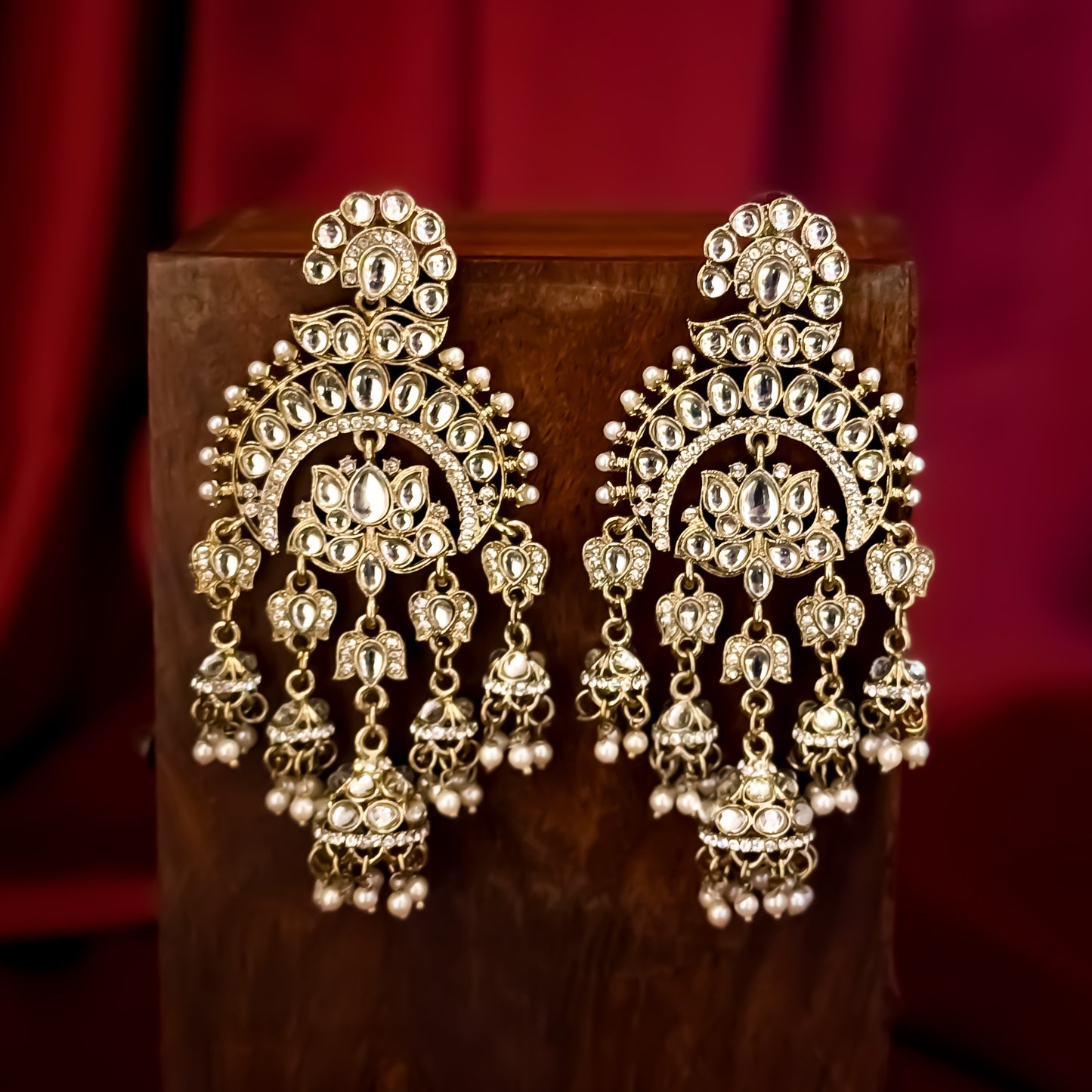 Hina Khan inspired oversized antique gold hybrid chandbali jhumka earrings featuring lotus kundan work and cascading pearl drops
