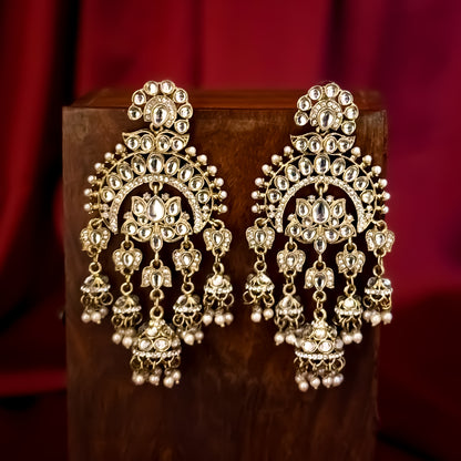 Hina Khan inspired oversized antique gold hybrid chandbali jhumka earrings featuring lotus kundan work and cascading pearl drops