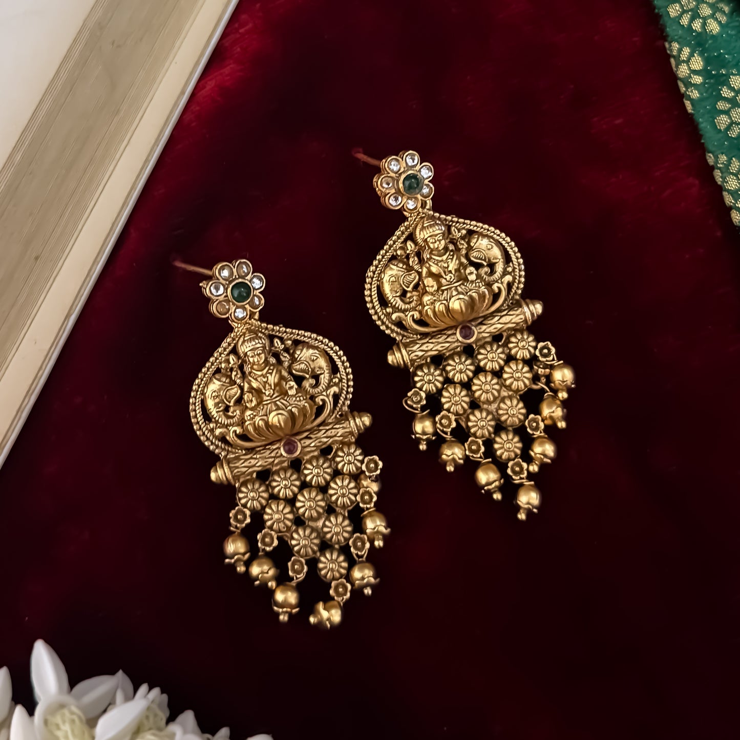 Swarna Long Temple Necklace Set - Pink & Green