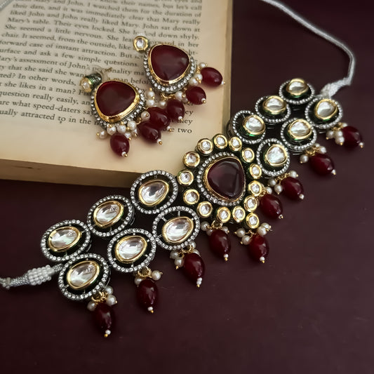 Devyani Kundan Necklce Set-Maroon
