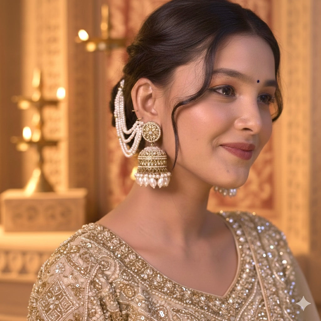 Rubina Jadau Reverse AD Jhumka Earrings with Earchain - Golden