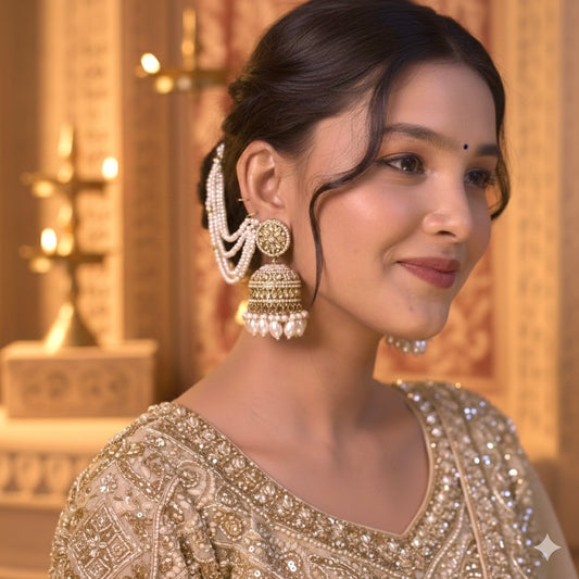 Rubina Jadau Reverse AD Jhumka Earrings with Earchain - Golden