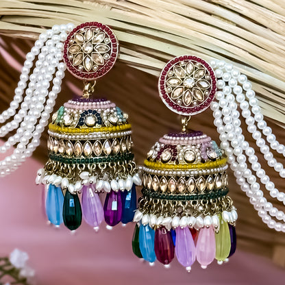 Rubina Jadau Reverse AD Jhumka Earrings with Earchain - Multi
