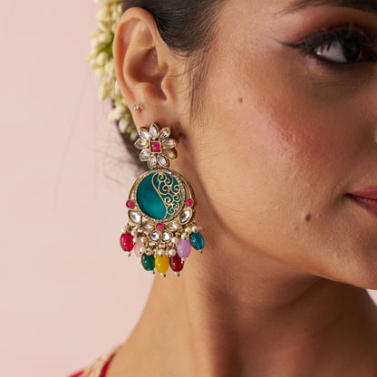 Ishika Premium Cutwork MOP Premium Chandbali Earrings - Multi