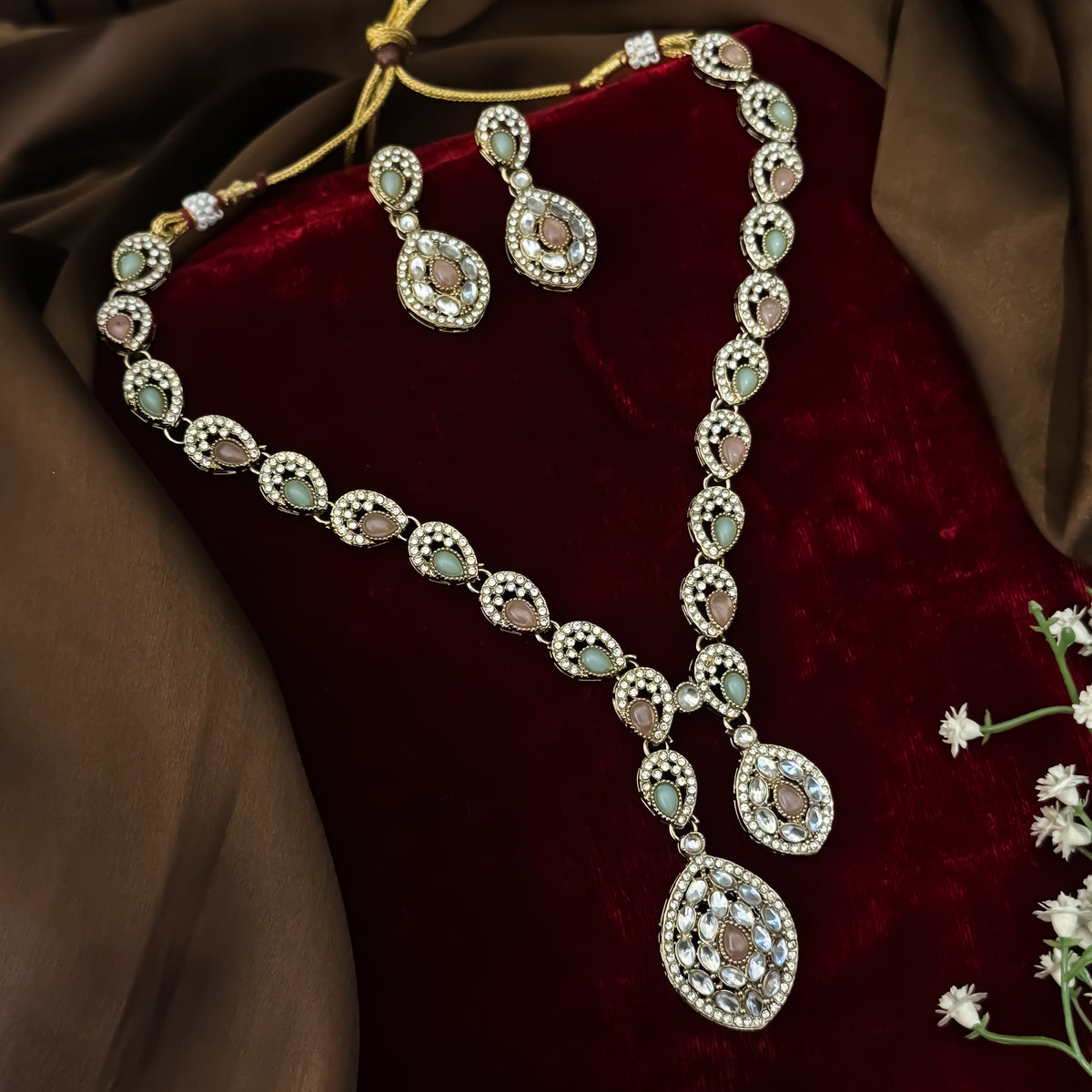 Pastel Pink & Green Dhrishya Kundan Necklace Set