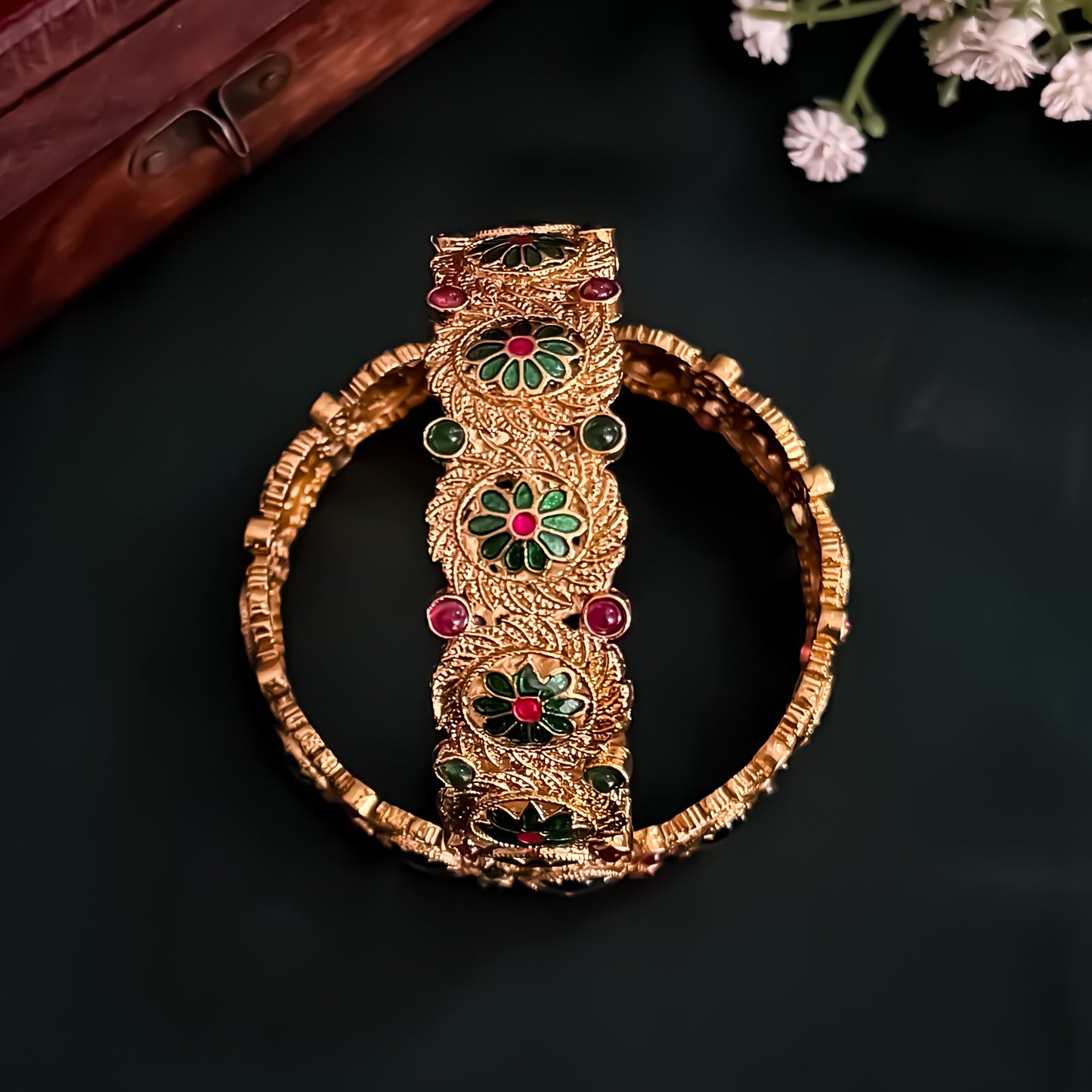 Keerthana Temple Gold Bangles - Set of 2 (Pink & Green)