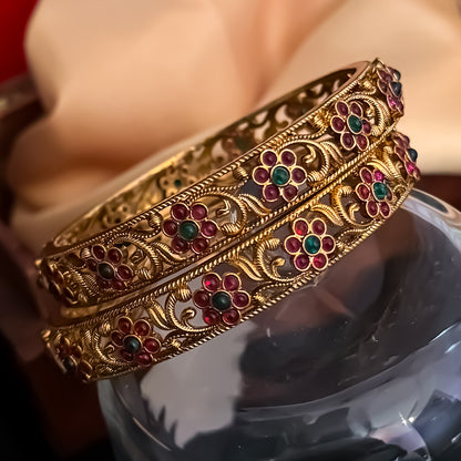 Sumedha Floral Temple Gold Bangles - Pink & Green (Set of 2)