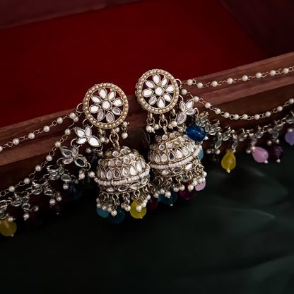 Kashish Jadau Mirror Jhumka Earrings with Sahara/Earchains - Multi