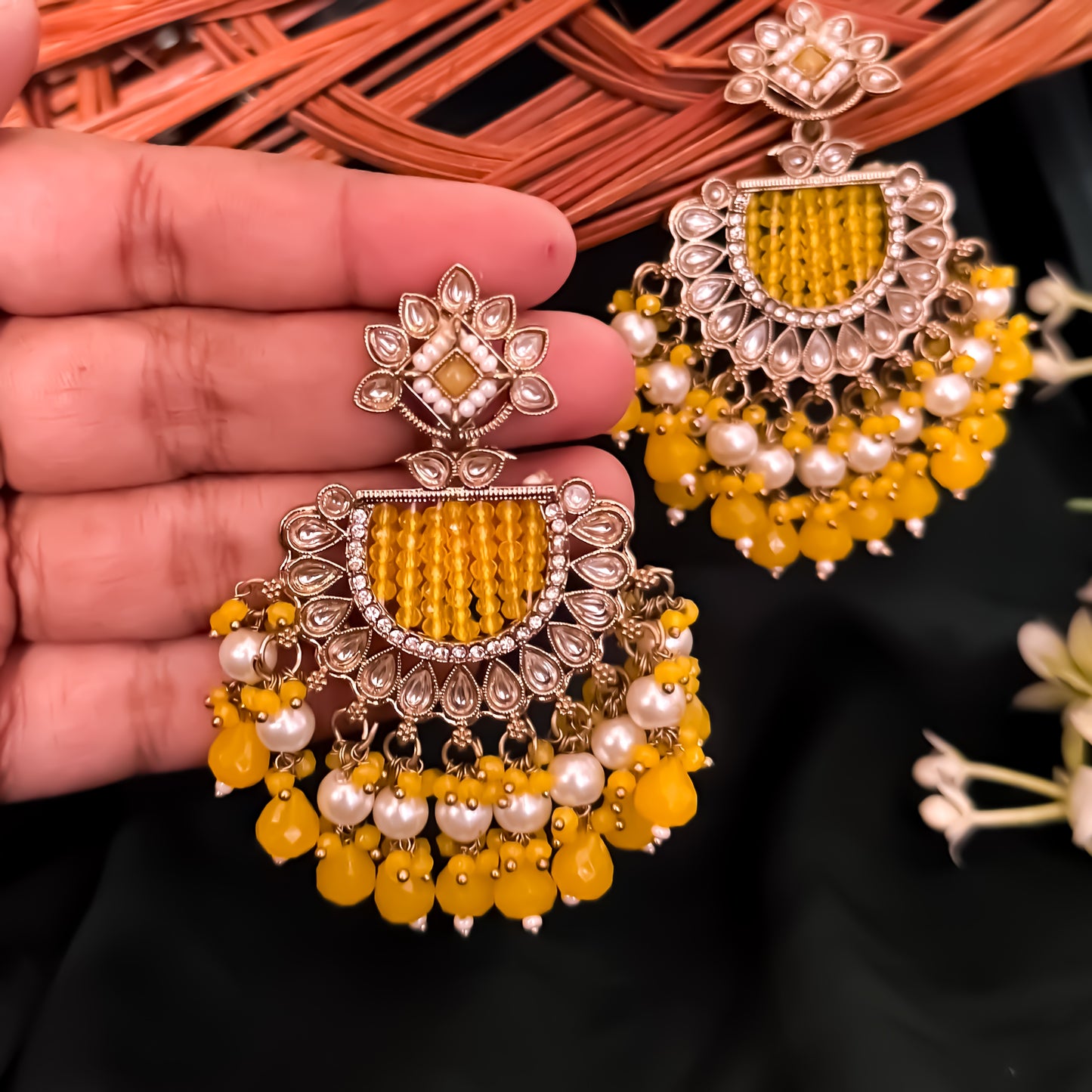 Mansa Kundan Pearl Chandbali - Yellow