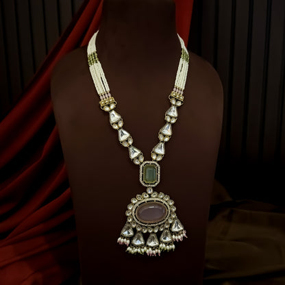 Israni Premium Kundan Long & Short Necklace Set - Pastel Green & Pink