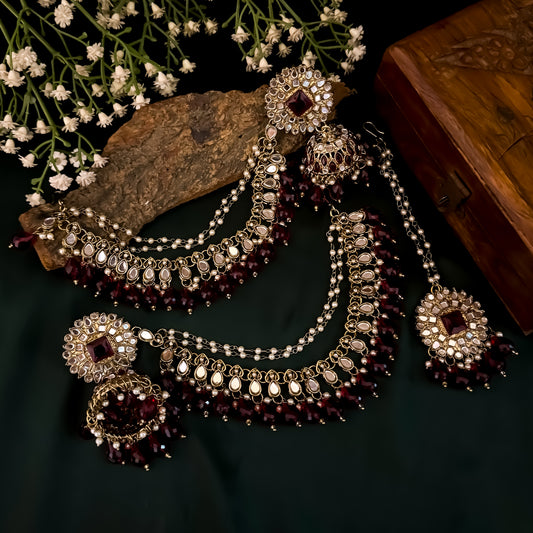 Masaba Mirror Jhumka Earrings with Sahara & Tika Set - Maroon