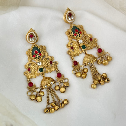 Mihir Fusion Rajwadi Kashmiri Brass Ghungroo Chandbali Earrings - Pink & Green