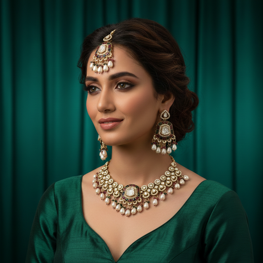 Tanishka Polki Premium Necklace Set - Pink & Green