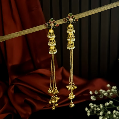 Aishwariya Kashmiri Brass Ghungroo Earrings - Pink & Green