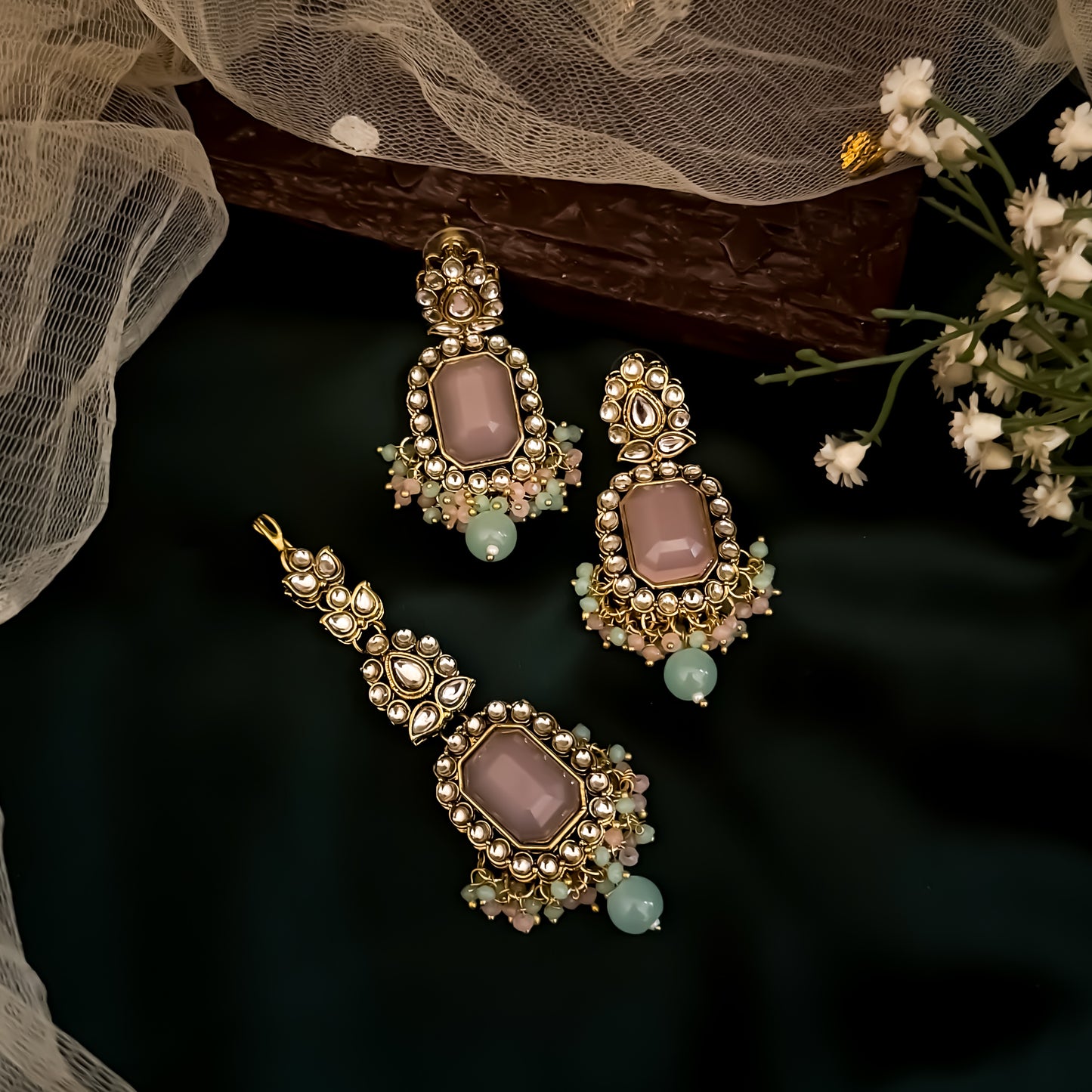 Shriya Royal Kundan Choker Necklace Set - Pastel Pink & Green