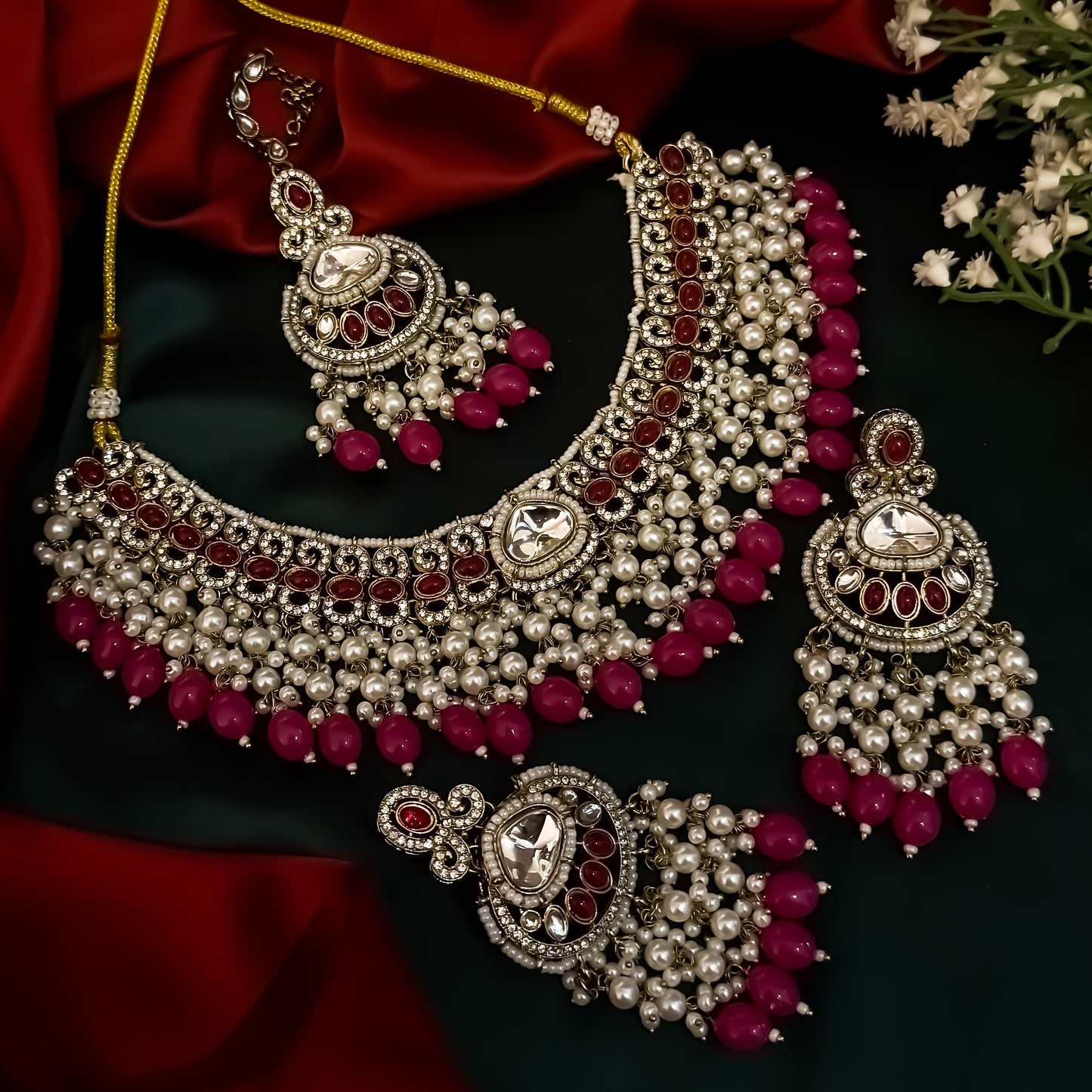 Lavya Pearl Premium Necklace Set - Hot Pink