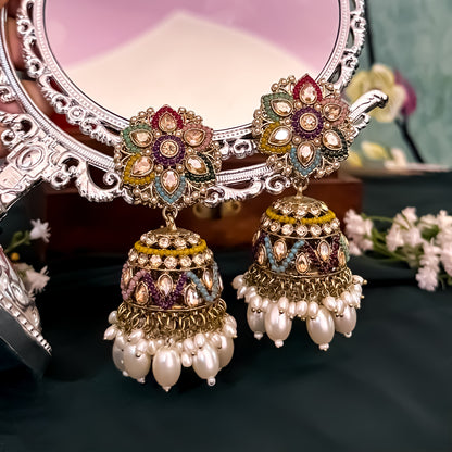 Varuna Jadau Reverse AD Jhumka & Teeka Set - Multi