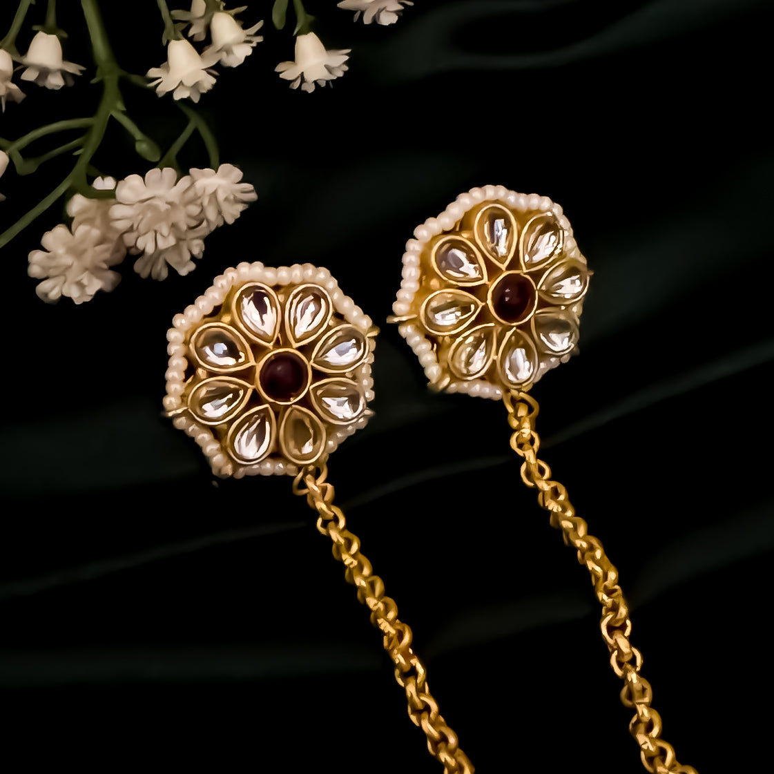 Sunehri Lotus Premium Kashmiri Brass Earrings with Sahara/Earchains - Pink & Golden