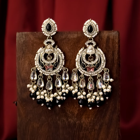 Athiya Kundan Pearl Premium Chandbali Earrings - Black