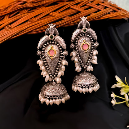 Vishakha Brass Jhumka Earrings - Pastel Pink