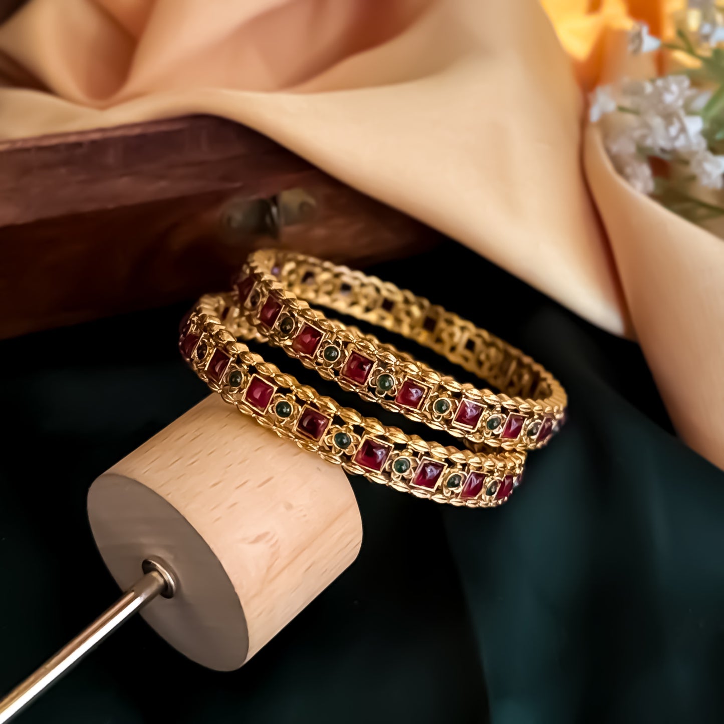 Madhavi Temple Gold Bangles with Ruby Stones - Pink (Set of 2)