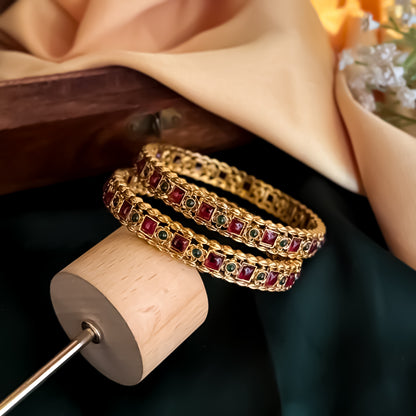 Madhavi Temple Gold Bangles with Ruby Stones - Pink (Set of 2)