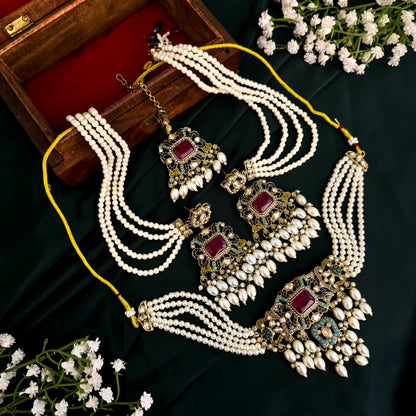 Jodha Jadau Reverse AD Necklace Set with Sahara Earrings & Teeka - Multi