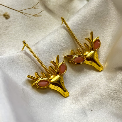 Unique Raindeer Handcrafted Brass Earrings- Pastel Pink