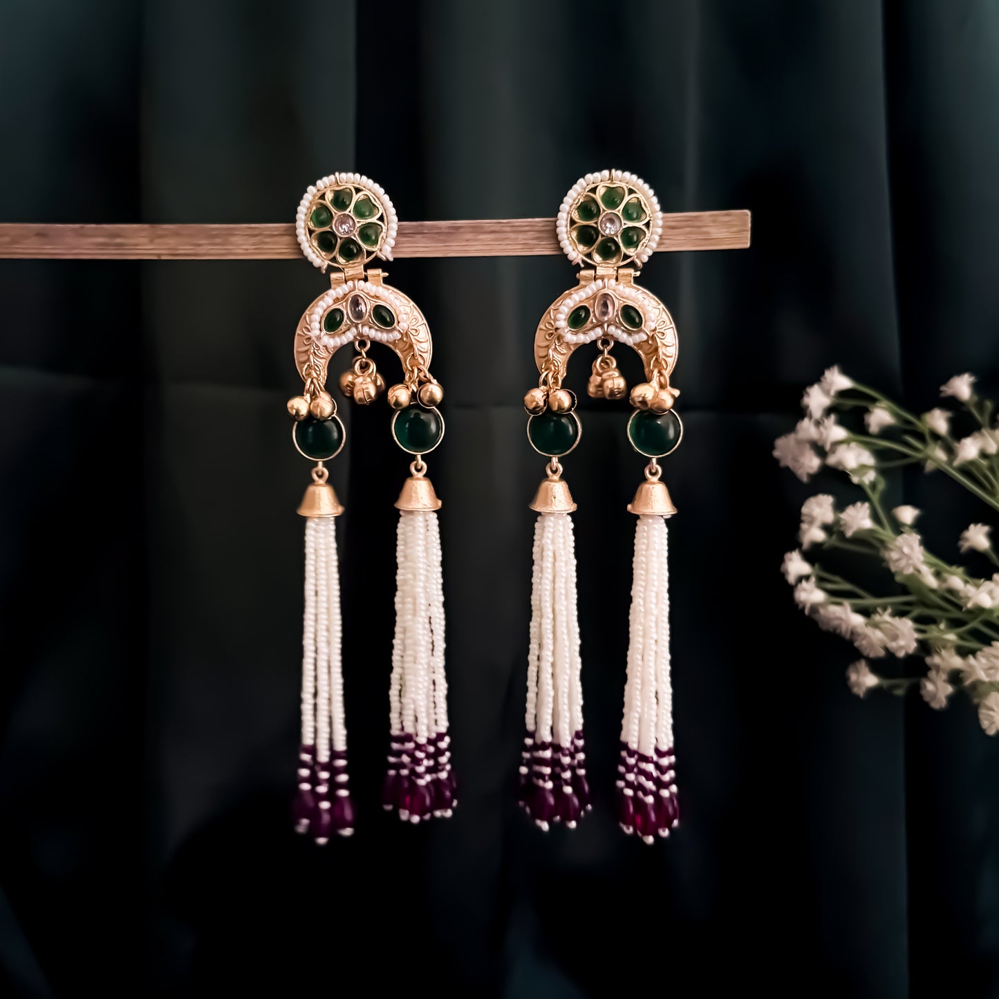 Janani Premium Pearl Drop Kashmiri Brass Ghungroo Earrings - Dark Green & Pink