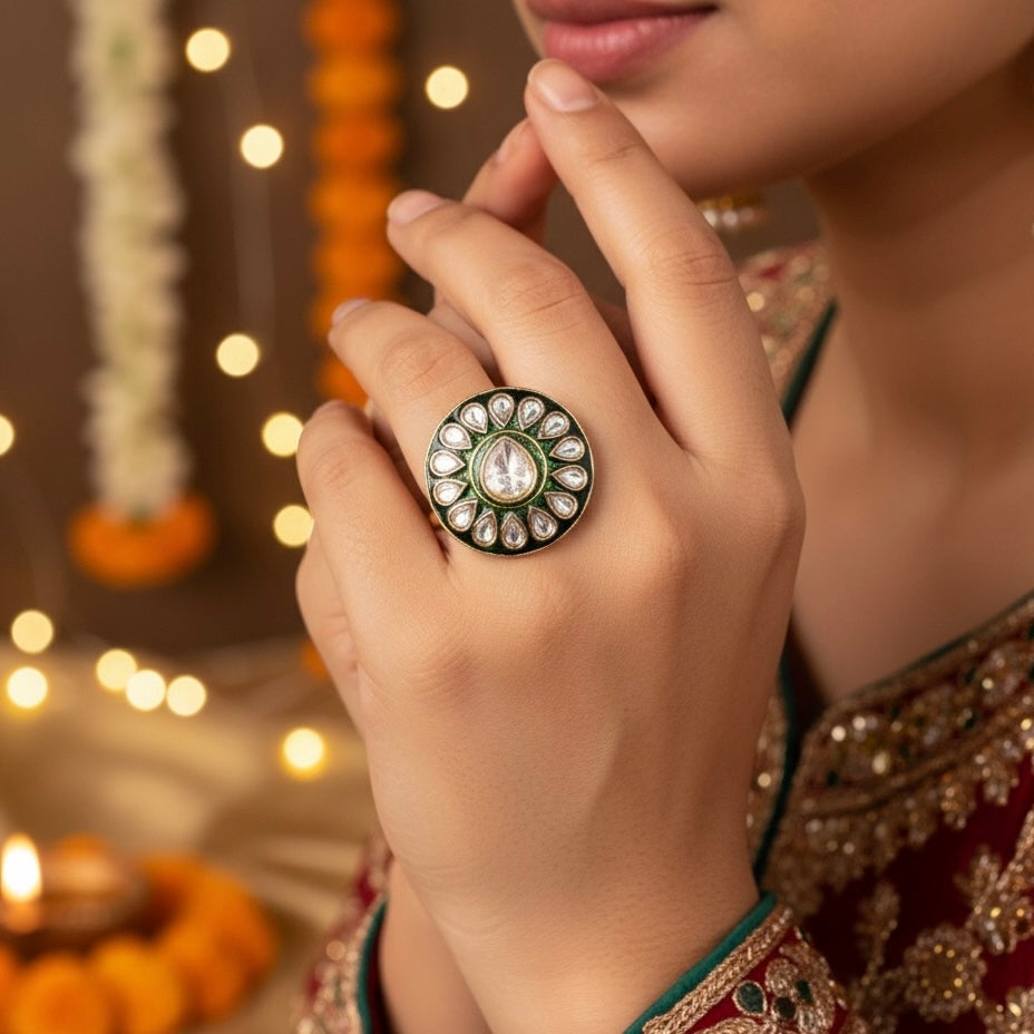 Asyan Meenakari Kundan Adjustable Ring - Green