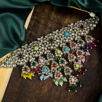 Shabana Premium Kundan Pearl Choker Necklace Set - Multi