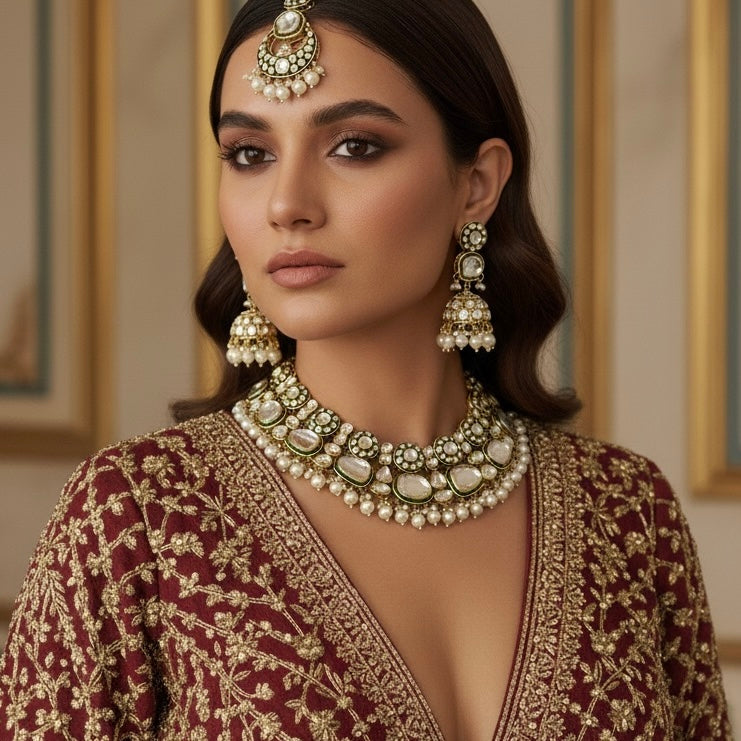 Divisha Premium Kundan Necklace Set - Golden & Green