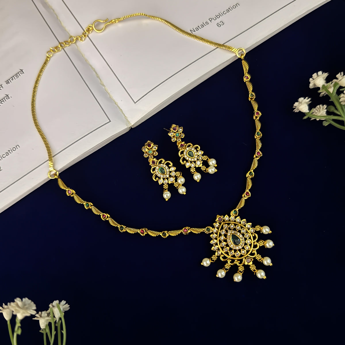 Vikhyat Temple AD Necklace Set - Green & Pink