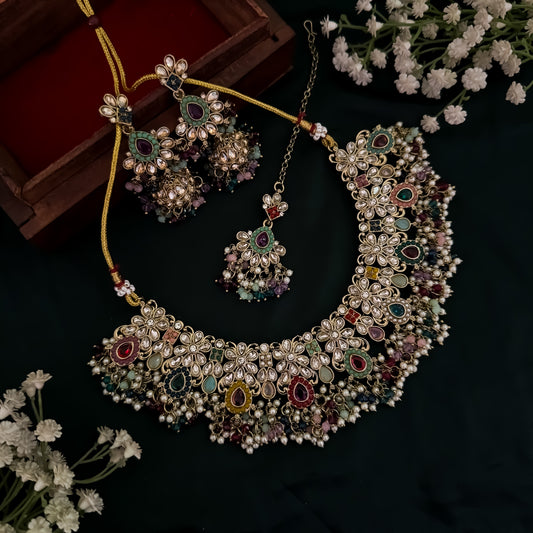 Haniya Jadau Reverse AD Necklace Set - Multi