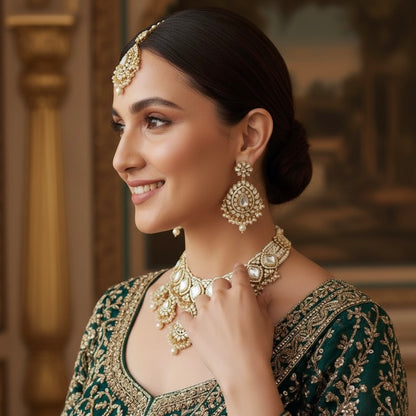 Kavitri Premium Kundan Necklace Set with Teeka & Earrings - Golden