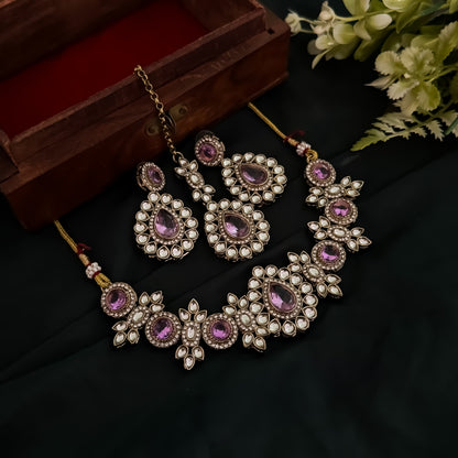 Israt Kundan Necklace Set - Lavender