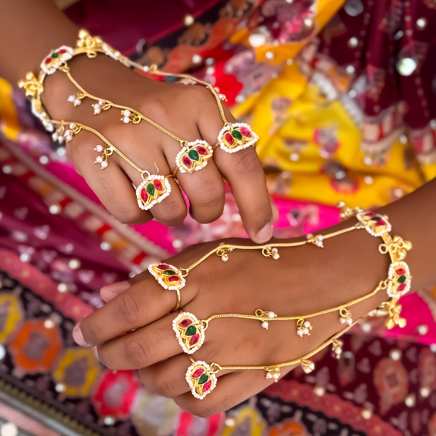 Kamaltika Adjustable Kashmiri Brass Haathphool (Pair) - Pink & Green