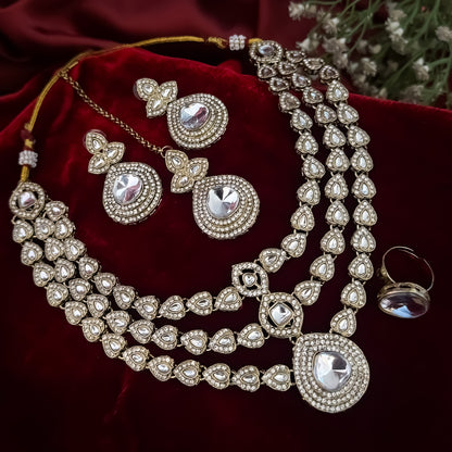 Rashmika Triple Layer Designer Zircon Polki Look Alike Necklace Set - Golden