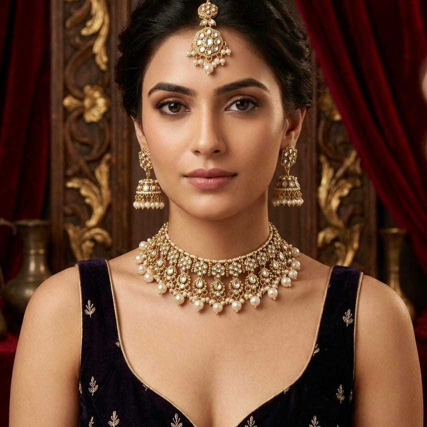 Etika Premium Kundan Necklace Set - Golden