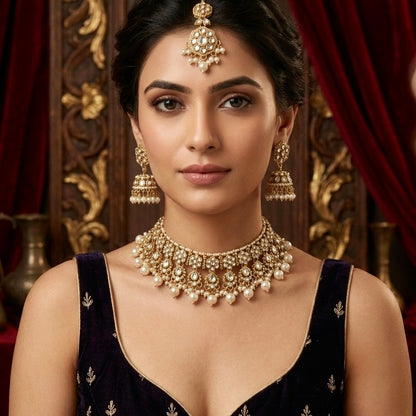 Etika Premium Kundan Necklace Set - Golden