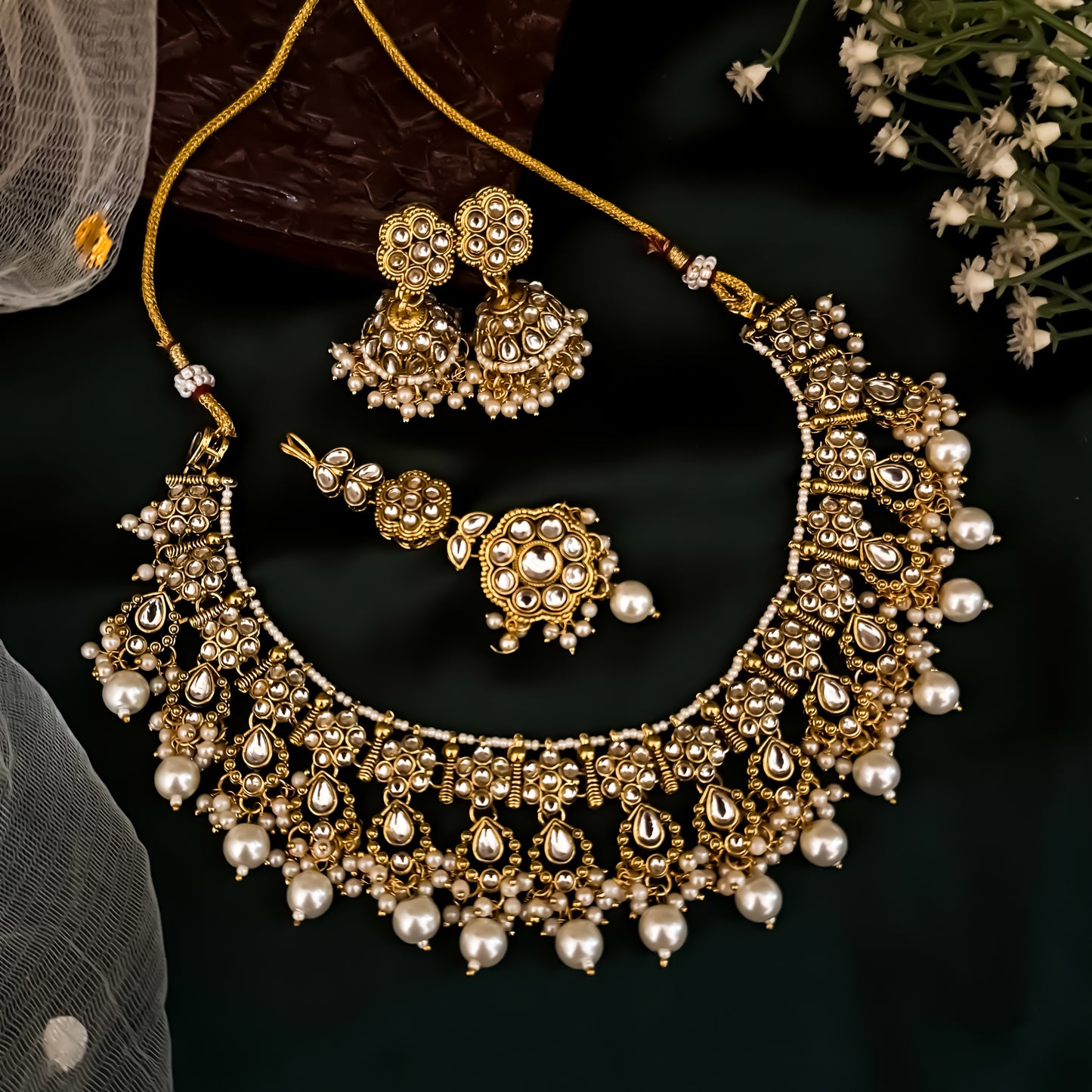Etika Premium Kundan Necklace Set - Golden