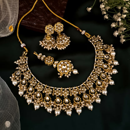 Etika Premium Kundan Necklace Set - Golden