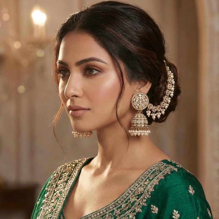 Rushda Jadau Mirror Jhumka Earrings with Sahara/Earchains - Golden