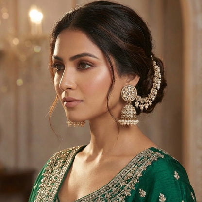 Rushda Jadau Mirror Jhumka Earrings with Sahara/Earchains - Golden