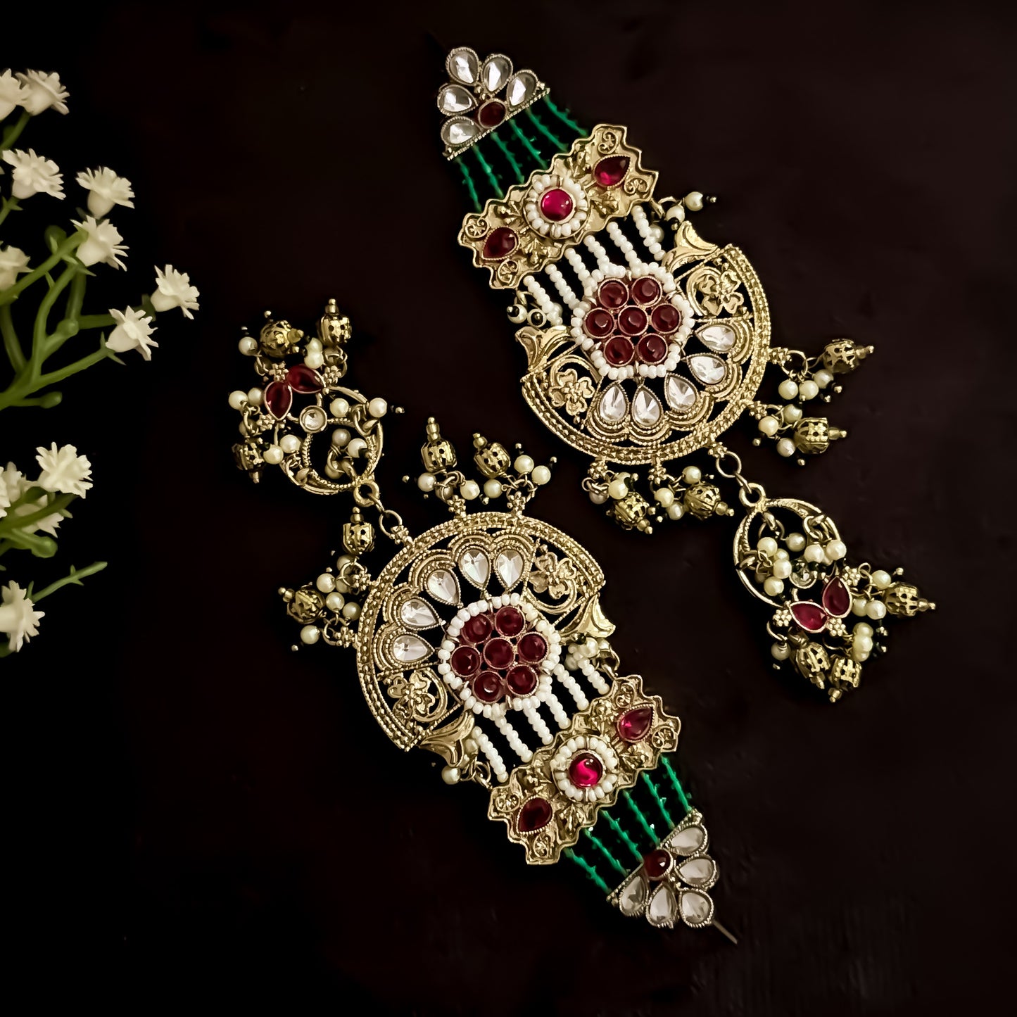 Raaj Rani Fusion Chandbali Green & Pink Earrings